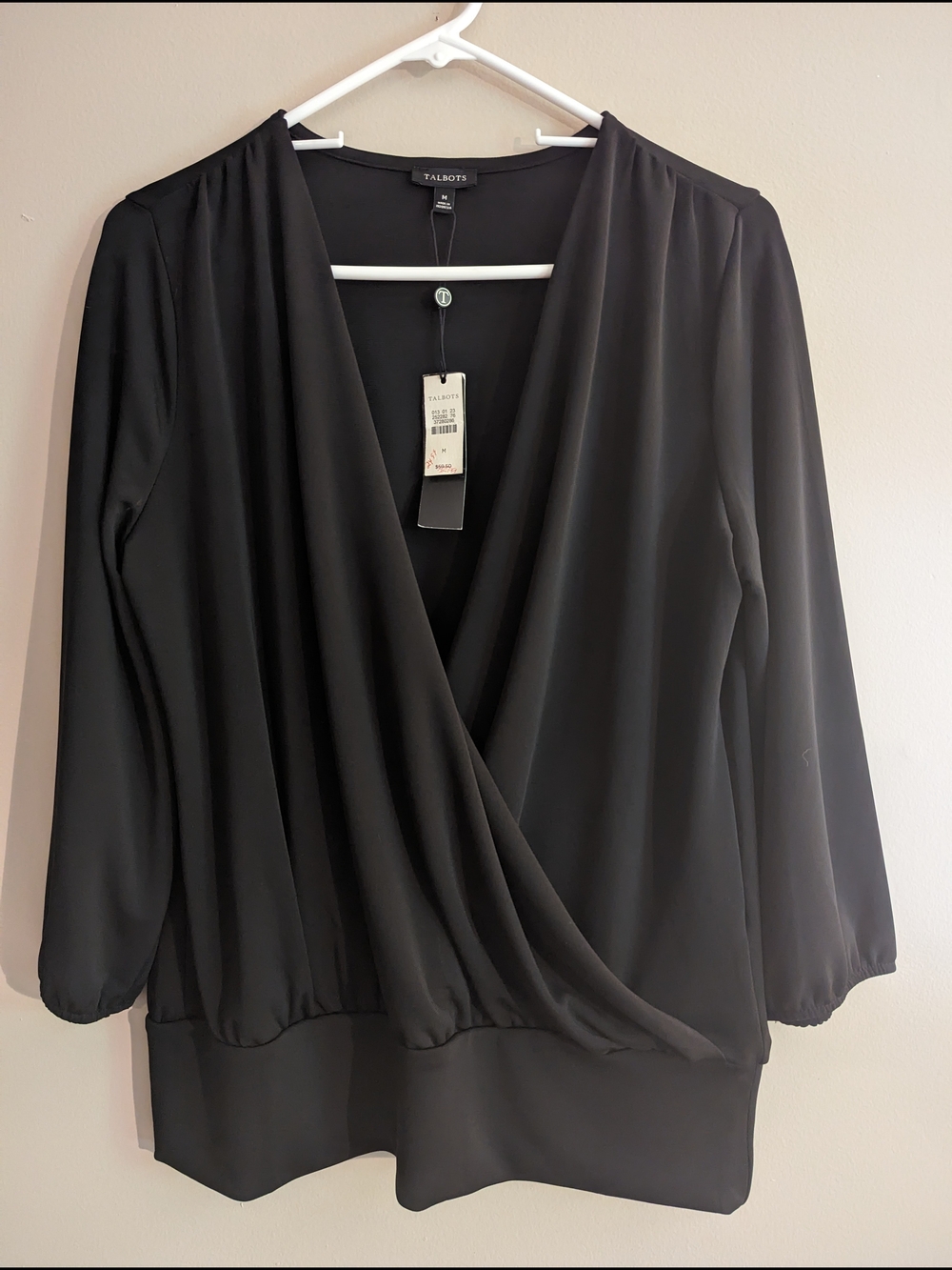 NWT- Talbots Black Draped Surplice Long-Sleeve Blouse